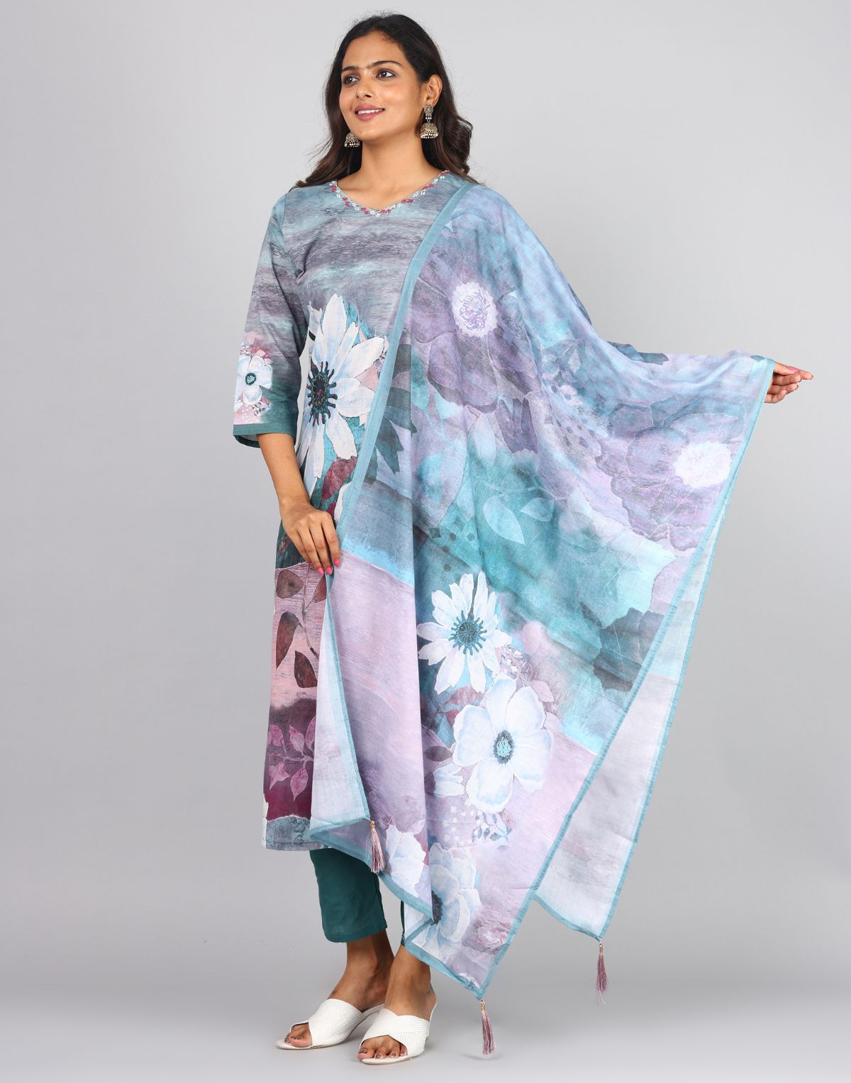 3/4th Sleeve Round Neck Front Panel Bead Work Interlined Kurta, Bottom & Duppatta With Tassel Set