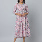 Linen Floral Print 3/4 Sleeve Dress 