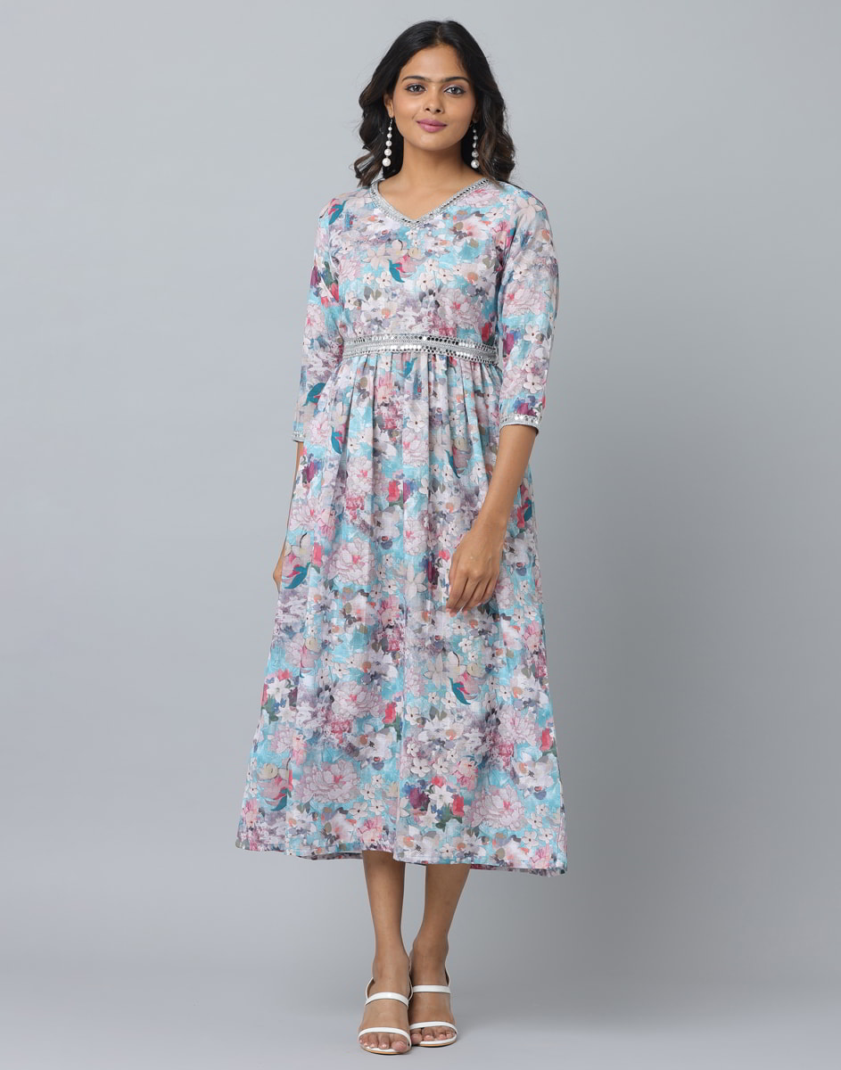 Floral Print 3/4 Sleeve Ethnic Dress