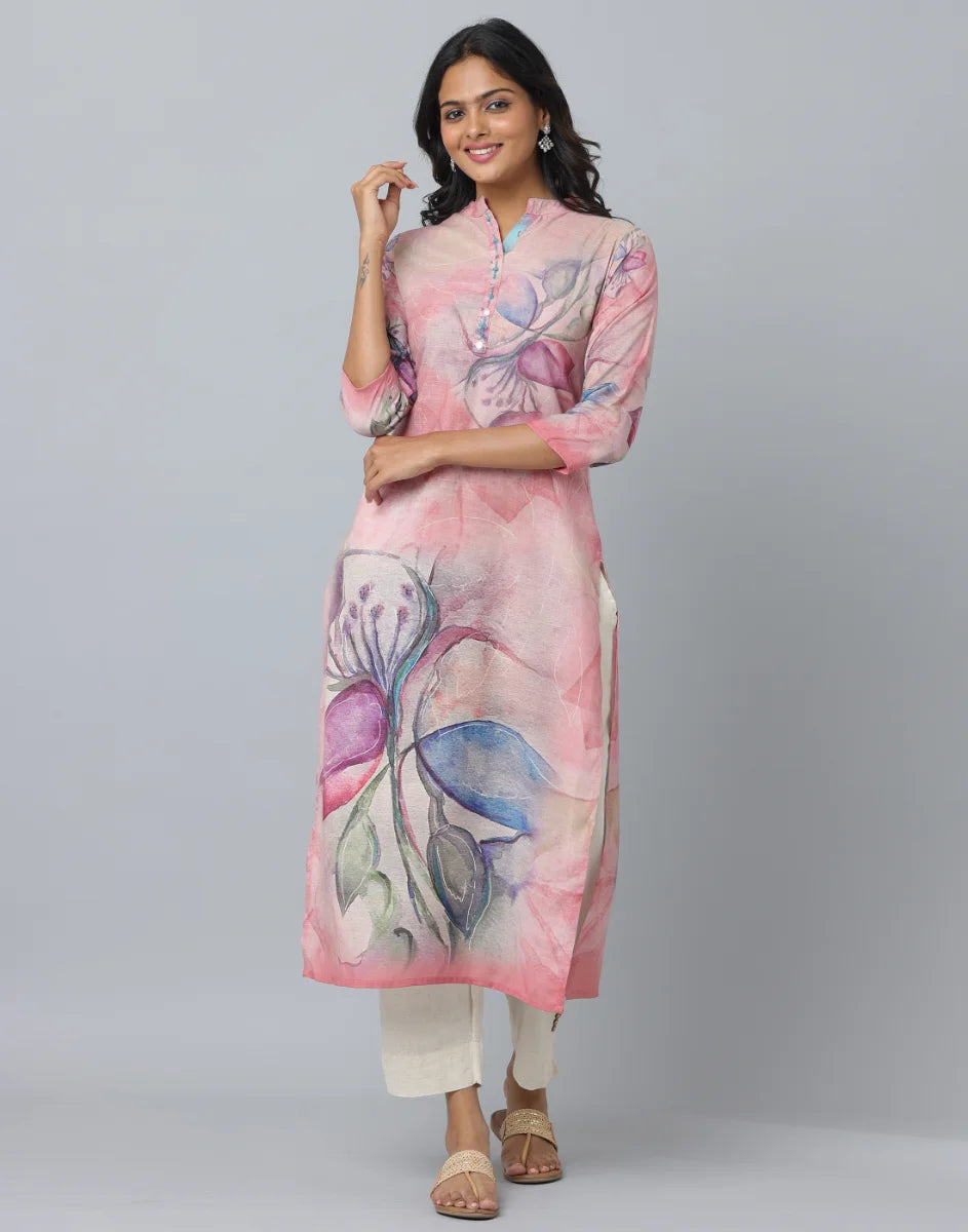 Anavarana Printed Kurta With Mandarin Collar WIth 3/4 Length Sleeve