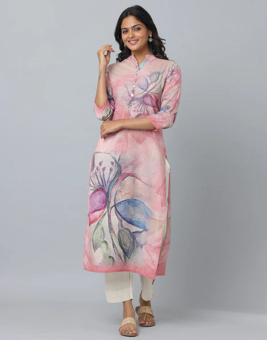 Printed Kurta With Mandarin Collar WIth 3/4 Length Sleeve