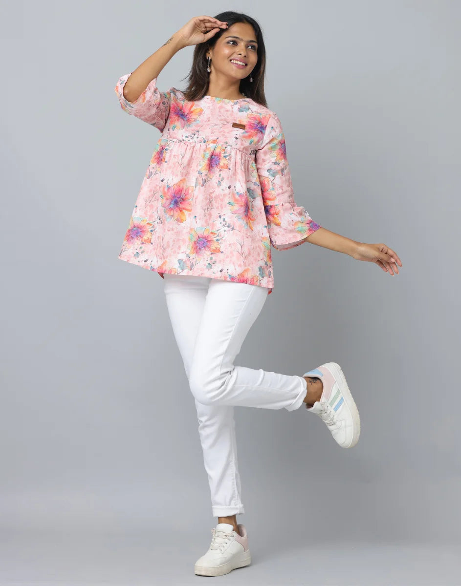 Anavarana 3/4 Sleeve Frock Style Floral Short Top