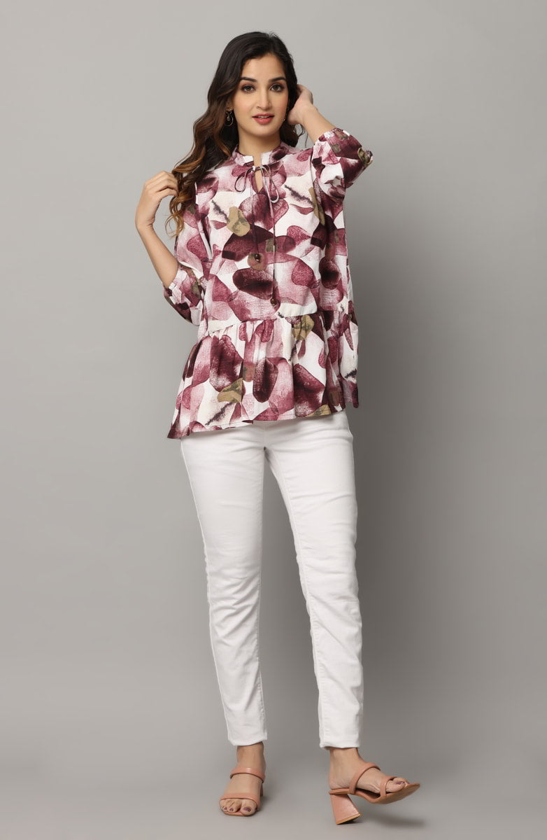 Floral Print High Neck Tie Up Top with 3/4th Sleeves