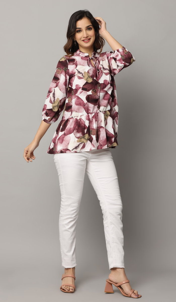 Floral Print High Neck Tie Up Top with 3/4th Sleeves