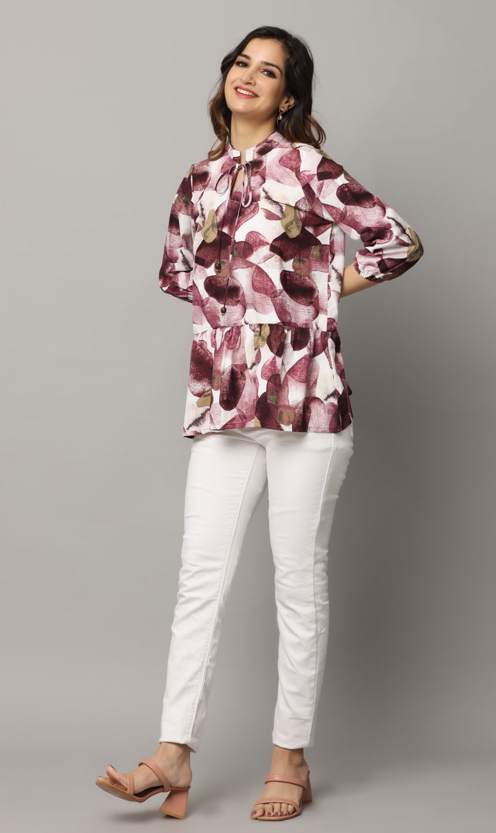 Floral Print High Neck Tie Up Top with 3/4th Sleeves