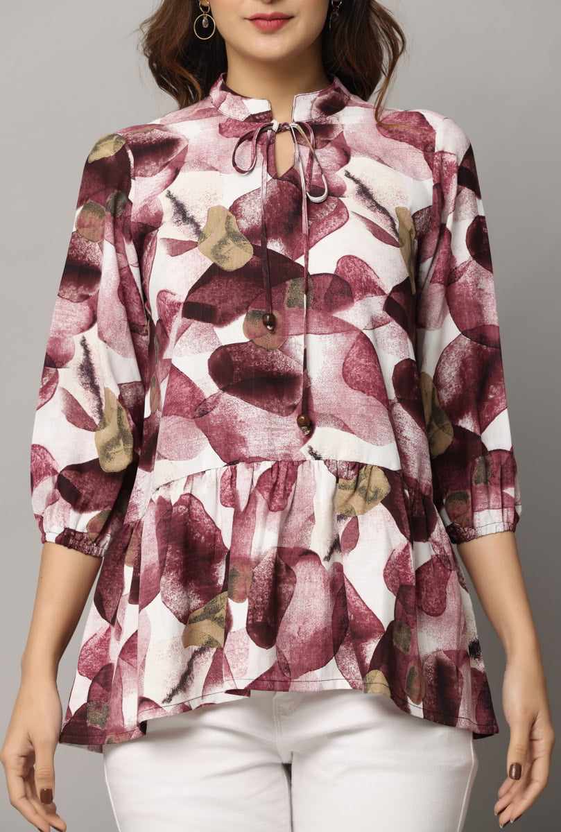 Floral Print High Neck Tie Up Top with 3/4th Sleeves