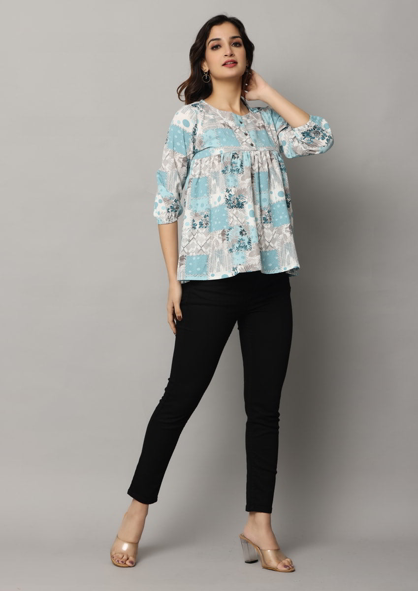 Round Neck Top With 3/4th Sleeve With Elastic