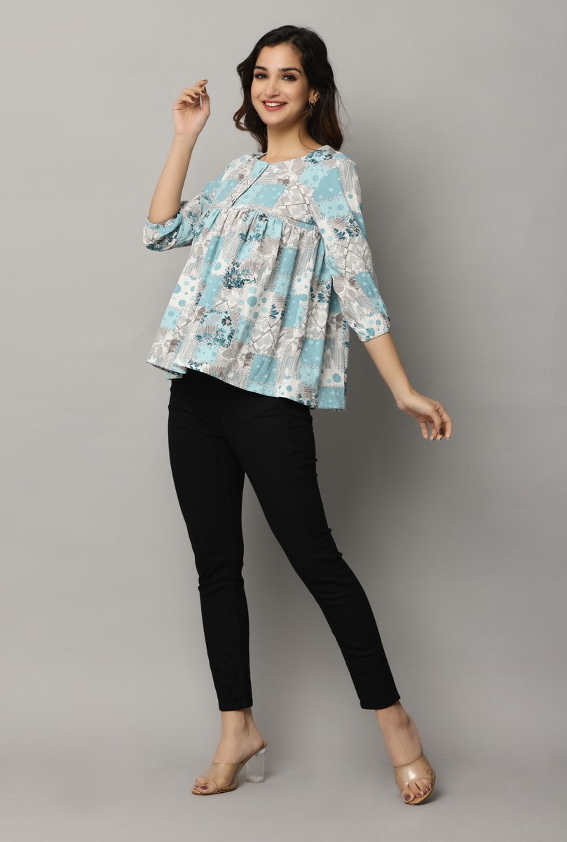 Round Neck Top With 3/4th Sleeve With Elastic