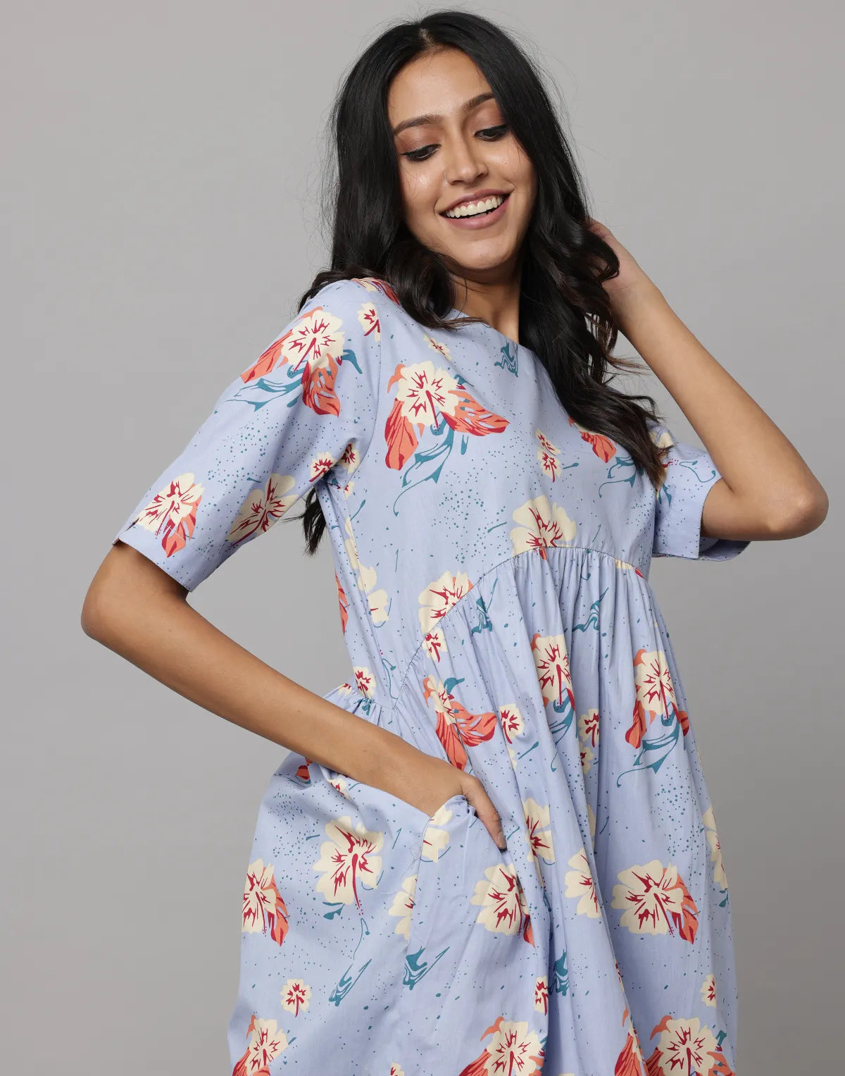 Floral Print Elbow Length Sleeve Free Fit Kurta