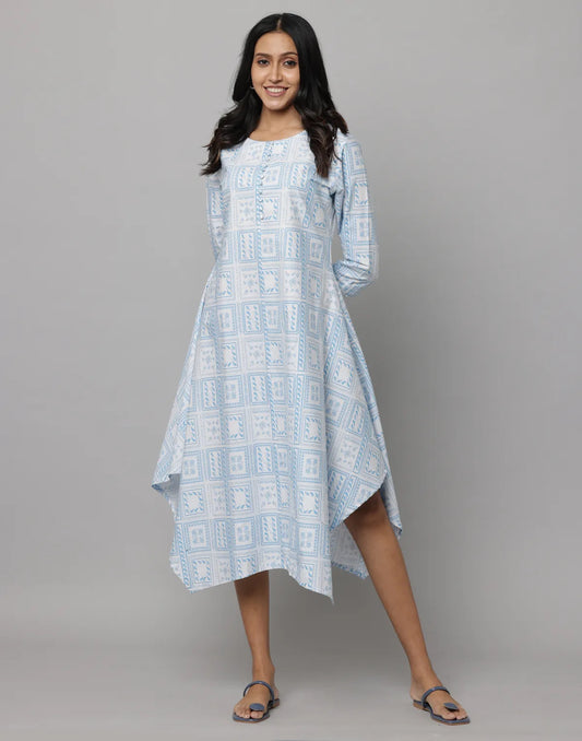 Geomatric Print Round Neck 3/4th Sleeves Dress