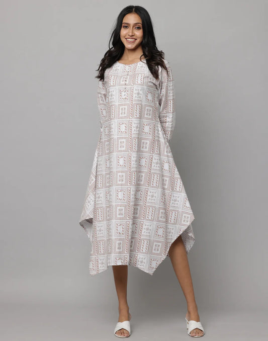 Floral Print Round Neck 3/4th Sleeves Dress