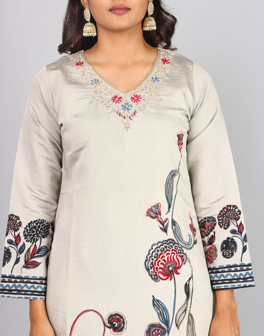 Printed 3/4th Sleeve V Neck Interlined Kurta Bottom Duppatta 3pc Set