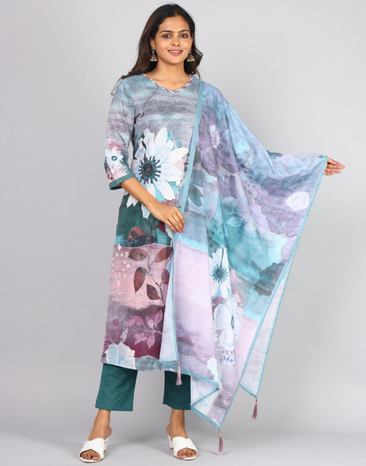 3/4th Sleeve Round Neck Front Panel Bead Work Interlined Kurta, Bottom & Duppatta With Tassel Set