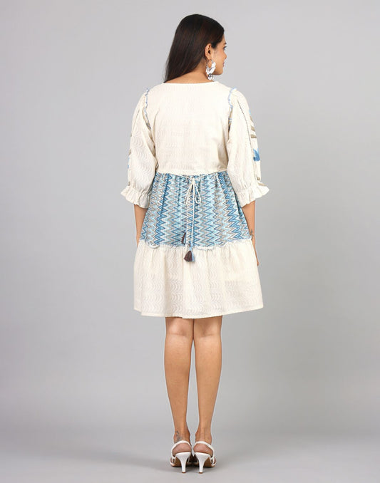 Printed Hakoba Design 3/4th Sleeve V Neck Tiered Dress