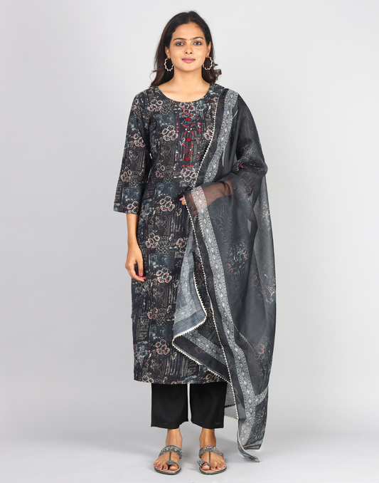 3/4th Sleeve Round Neck Front Yoke Thread & Mirror Work  Kurta, Bottom & Duppatta With Gota Lace 3pc Set