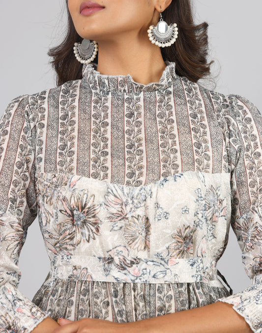 Floral Printed Interlined Dress 3/4th Sleeve Overlocked Ruffled Neck