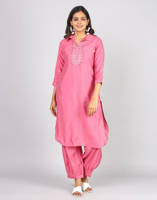 Solid 3/4th Sleeve Collar Neck Kurta Bottom Set