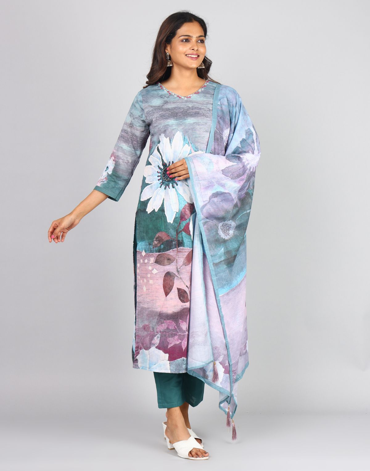 3/4th Sleeve Round Neck Front Panel Bead Work Interlined Kurta, Bottom & Duppatta With Tassel Set