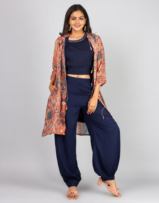 Solid & Printed Mandarin Collar Over Coat, Palazzo Witt Crop Top  3pc Set