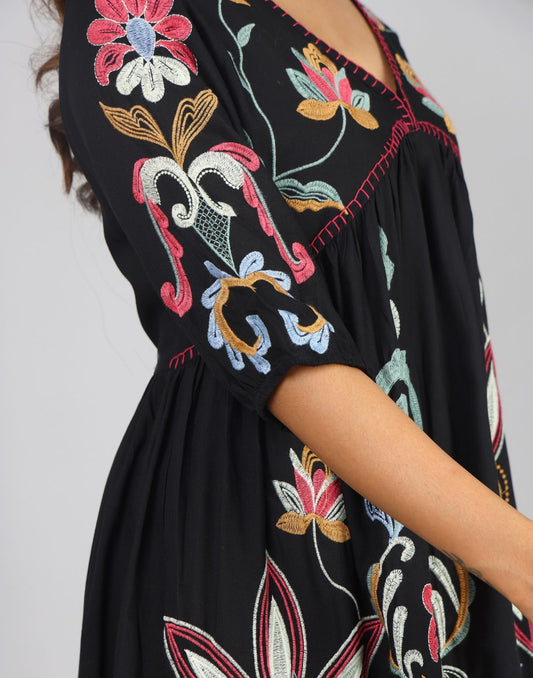 Solid Embroidered 3/4th Sleeve Interlined Dress