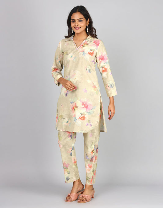 Printed 3/4th Sleeve Collar Neck Kurta With Bottom 2 pc Set