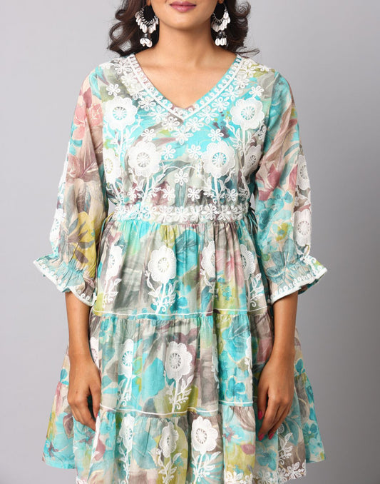 Floral Printed V Neck Embroidered Interlined Dress With 3/4th Length Sleeve