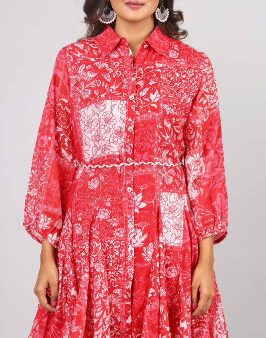 Floral Printed Collar Neck Full Length  Functional Front Open Placket Flarred Interlined Dress With Full Length Sleeve