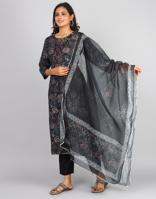 3/4th Sleeve Round Neck Front Yoke Thread & Mirror Work  Kurta, Bottom & Duppatta With Gota Lace 3pc Set