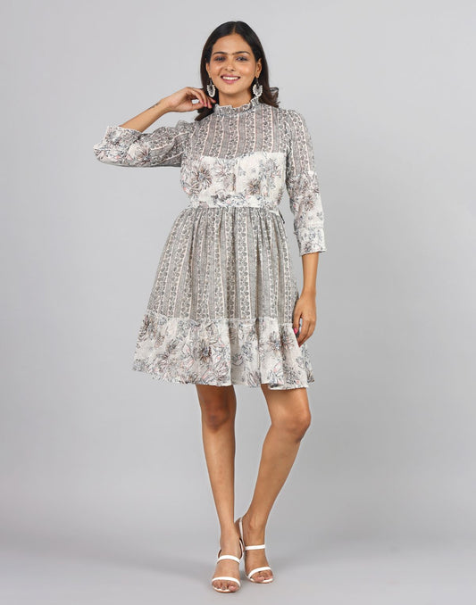 Floral Printed Interlined Dress 3/4th Sleeve Overlocked Ruffled Neck