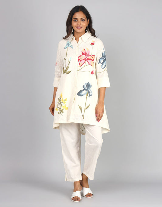 Printed Hakoba 3/4th Sleeve Non Functional Front Placket With Button Collared Neck 2pc Set.