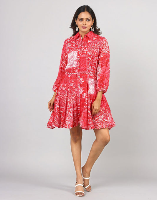 Floral Printed Collar Neck Full Length  Functional Front Open Placket Flarred Interlined Dress With Full Length Sleeve
