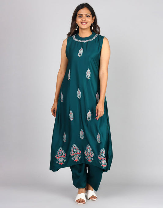 Solid Printed Sleeveless Round Neck Kurta Bottom Set