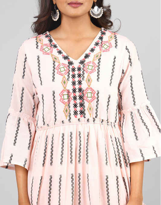Solid Y/D Design 3/4th Sleeve V Neck Interlined Dress