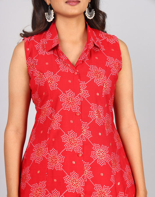 Printed Collared Non Functional Front Placket Sleeveless 2 Pc set With Side Pocket