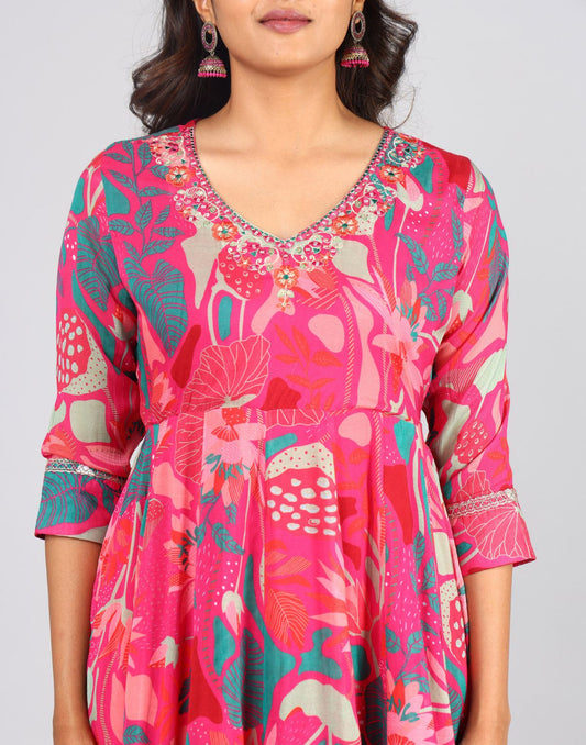 Printed  3/4th Sleeve V Neck Interlined Anarkali 3pc Set