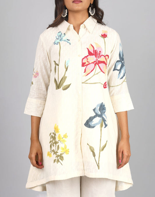Printed Hakoba 3/4th Sleeve Non Functional Front Placket With Button Collared Neck 2pc Set.
