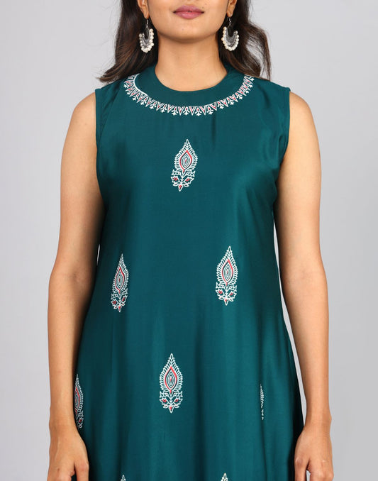 Solid Printed Sleeveless Round Neck Kurta Bottom Set