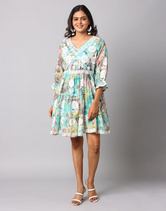 Floral Printed V Neck Embroidered Interlined Dress With 3/4th Length Sleeve