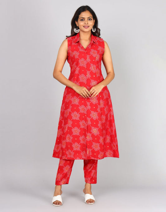 Printed Collared Non Functional Front Placket Sleeveless 2 Pc set With Side Pocket