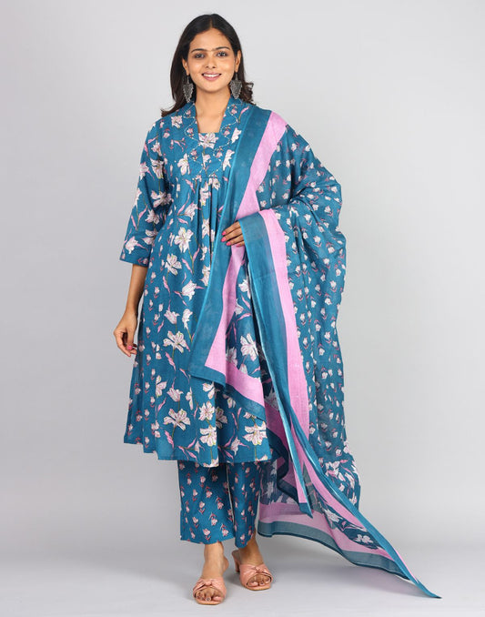 Printed High V Neck 3/4th Sleeve Anarkali Kurta Bottom Duppatta 3pc Set