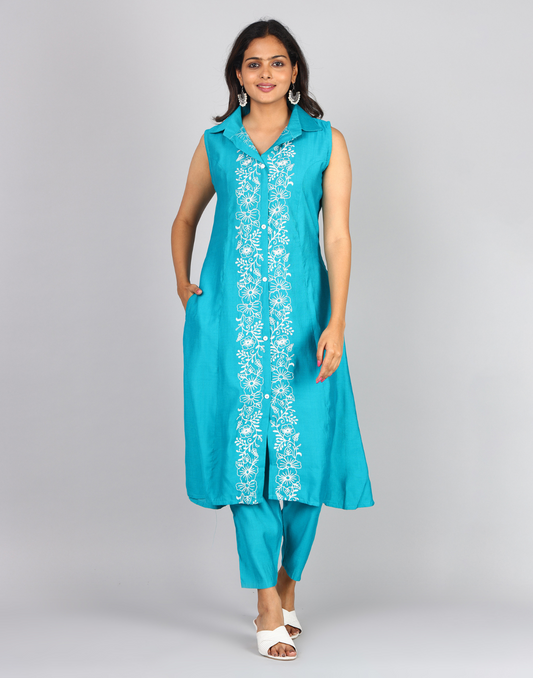 Solid Embroidered Sleeveless Collar Neck Kurta Bottom Set