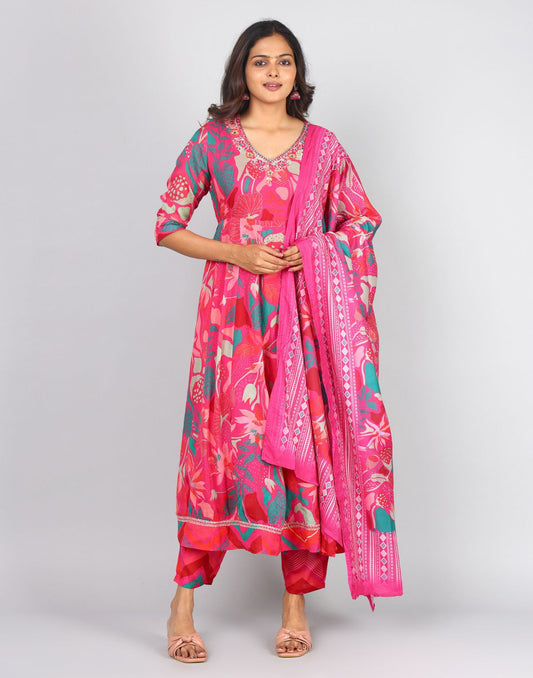 Printed  3/4th Sleeve V Neck Interlined Anarkali 3pc Set