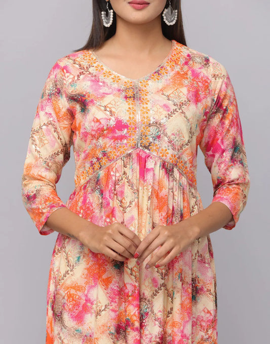 Floral Printed Kurta With 3/4 Sleeve