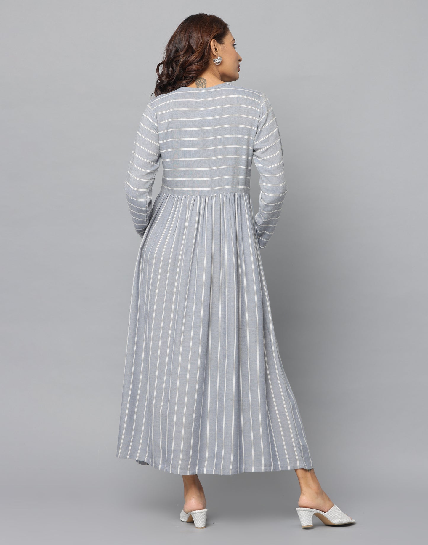 Striped Round Neck Front Open Full Sleeve Flared Dress