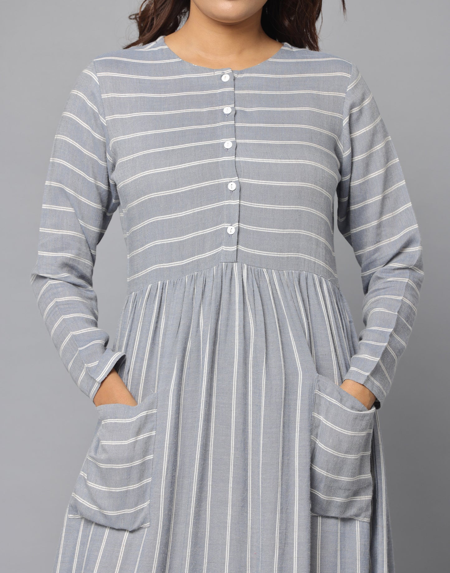 Striped Round Neck Front Open Full Sleeve Flared Dress