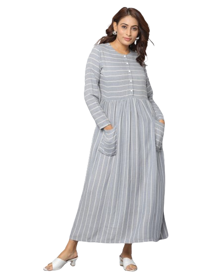 Striped Round Neck Front Open Full Sleeve Flared Dress