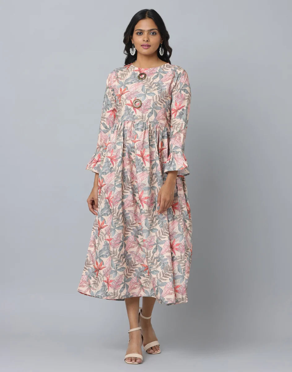 Floral Print Slim Fit Long Flared Sleeve Casual Dress