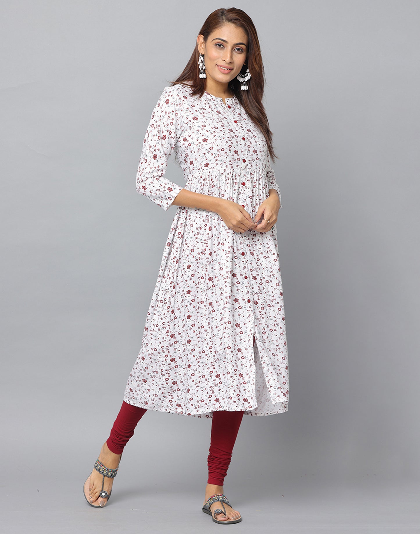 Floral Printed Loose Fit 3/4th Sleeve Kurta