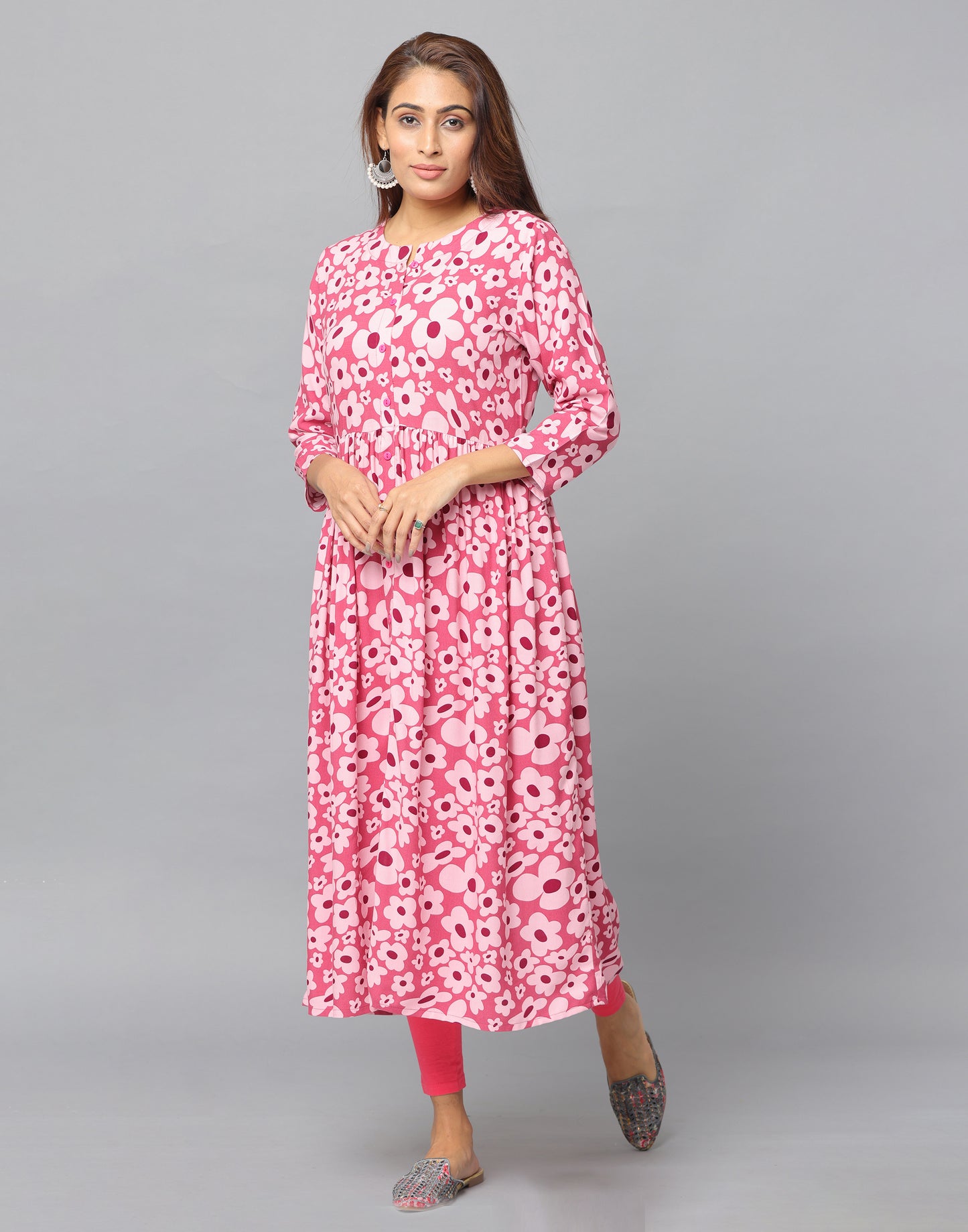 Floral Printed Loose Fit 3/4th Sleeve Kurta