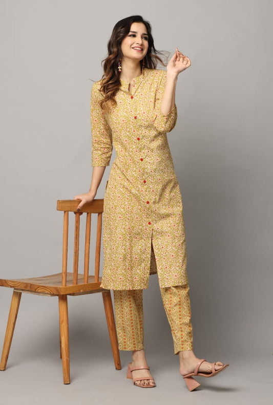 Shop P Green High Neck Kurta with Cigar Cut Bottom